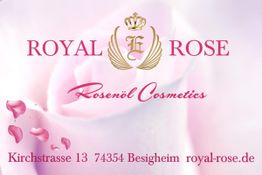 Royal Rose Logo und Text auf rosa Hintergrund, Rosenblätter, Adresse: Kirchstraße 13, Besigheim.