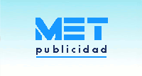 Logo de MET Publicidad con fondo azul degradado.