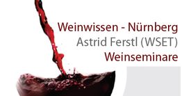 Roter Wein wird in ein Glas eingeschenkt, daneben der Text über Weinseminare in Nürnberg.