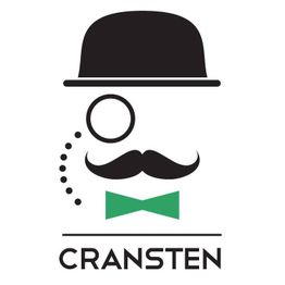Stylized face with a bowler hat, monocle, mustache, and green bow tie; text: "CRANSTEN".