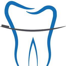 Abstract tooth design with blue outline and black dental floss across it.