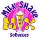 Logo colorido do "MilkShake Mix Sorvetes" com milkshake sorridente ao centro. Fundo rosa.