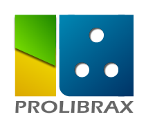 Logotipo da Prolibrax com formas geométricas coloridas e nome embaixo.