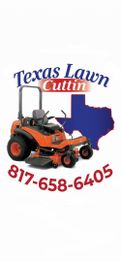 Orange lawn mower with Texas Lawn Cuttin' text and phone number 817-658-6405 overlayed on Texas shape.