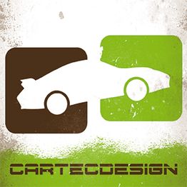 Logo mit stilisiertem Auto in braun und grün, darunter Text: "CARTECDESIGN".