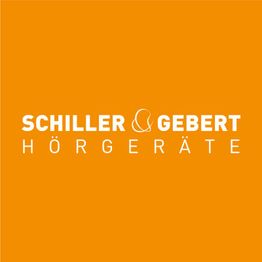 Orange Hintergrund, weißer Text: "SCHILLER & GEBERT HÖRGERÄTE".