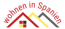 Logo mit Text "wohnen in Spanien" und stilisierten Dächern in Rot, Gelb und Grau.
