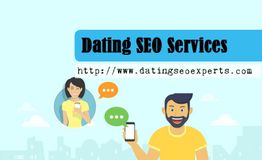 "Dating SEO Services with website link and cartoon figures holding phones, speech bubbles shown."