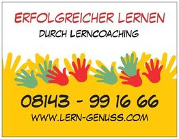 Erfolgreiches Lernen Banner mit bunten Händen, Telefonnummer und Website: lern-genuss.com.