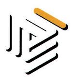 Logo astratto con linee nere e un tratto arancione.