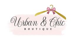 Logo "Urban & Chic Boutique" avec cintre doré et nœud rose.