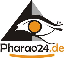Logo mit Auge des Horus, schwarzem Dreieck und Text "Pharao24.de" in schwarz und orange.