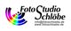 Logo "FotoStudio Schlöbe" mit Regenbogenrad, E-Mail und Webseite.