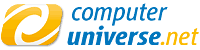 Logo von computeruniverse.net, mit gelbem Symbol und blauem Text.
