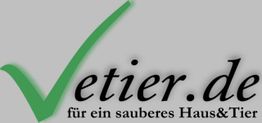 Grünes Häkchen neben dem Text "vetier.de - für ein sauberes Haus & Tier".