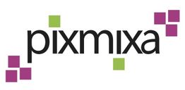 Logo mit dem Schriftzug "pixmixa", umgeben von grünen und pinken Quadraten.
