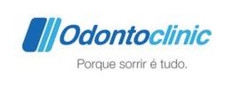 Logotipo da Odontoclinic com slogan "Porque sorrir é tudo" em azul.