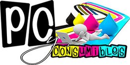 Logo: "PC y Consumibles" con figura sobre alfombra colorida y un portátil.