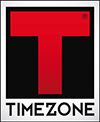 Rotes T-Logo auf schwarzem Hintergrund mit der Aufschrift "TIMEZONE" darunter.