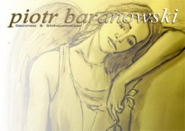 Zeichnung eines nachdenklichen Engels, mit dem Text "piotr baranowski, Steinmetz & Bildhauermeister".