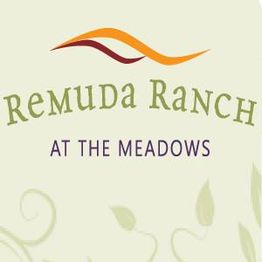 Logo with "Remuda Ranch at The Meadows" and abstract leaf designs.