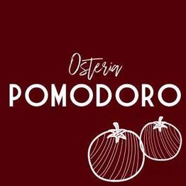 Donkerrode achtergrond met witte tekst: "Osteria POMODORO" en tekening van twee tomaten.