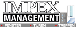 Logo von Impex Management mit Bildern von Fenstern, Türen und Treppen.