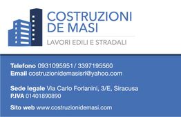 Biglietto da visita "Costruzioni De Masi" con contatti e sede a Siracusa.