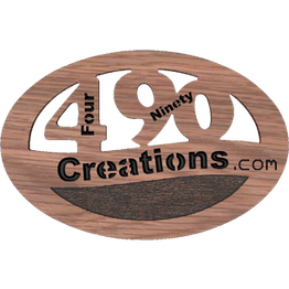 Wooden logo with "490 Creations.com" in stylized fonts, oval shape.