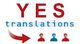 Text: "YES translations" und drei farbige Silhouetten mit Pfeil nach links.