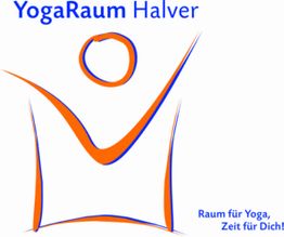 Logo mit Text "YogaRaum Halver", stilisierte Yogafigur, "Raum für Yoga, Zeit für Dich!".
