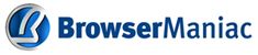 Blau-weißes BrowserManiac-Logo mit stilisiertem "B"-Symbol links.