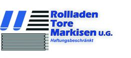 Logo mit Text: "Rollladen Tore Markisen U.G. Haftungsbeschränkt", blaue und schwarze Streifen.
