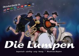 Vier Männer mit Instrumenten auf einem Roller, Text: "Die Lumpen", bayerische Musik.
