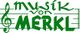 Grüner Schriftzug „Musik von Merkl“ auf Notenlinien mit Violinschlüssel.