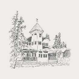 Sketch of a house with a tall tower, surrounded by trees.