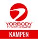 Rood logo van Yorbody Fysiotherapie Kampen met gestileerde cirkel en tekst.