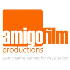 Orange Logo mit Schriftzug "amigofilm productions, your creative partner for visualisation".