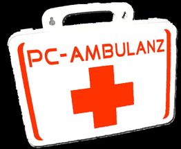 Weiße Erste-Hilfe-Box mit rotem Kreuz und der Aufschrift "PC-AMBULANZ".