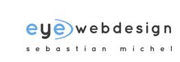 Logo mit Text: "eyewebdesign sebastian michel". "eye" ist blau, der Rest schwarz.