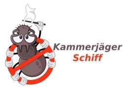 Karikatur einer Ameise mit Rauchfahne und Text: "Kammerjäger Schiff".