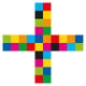 Ein buntes Pluszeichen aus kleinen, farbigen Quadraten auf weißem Hintergrund.