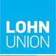 Blaues Logo mit weißem Text "LOHN UNION" und buntem Balken unten.