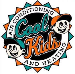 Logo with retro cartoon faces and text: "Cool Kids Air Conditioning and Heating."