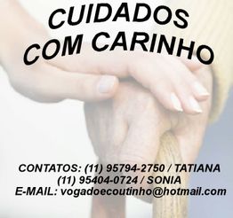 Mãos apoiadas em um cajado com texto sobre cuidados e detalhes de contato.