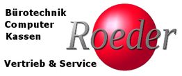 Logo von Roeder mit rotem Kreis, Text: Bürotechnik, Computer, Kassen, Vertrieb & Service.