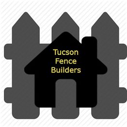 House silhouette with "Tucson Fence Builders" text in front of a picket fence background.