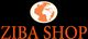 Logo mit Weltkugel und Schriftzug "Ziba Shop" in orange auf schwarzem Hintergrund.