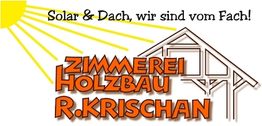 Logo mit Sonnenstrahlen, Text: "Solar & Dach, wir sind vom Fach! Zimmerei Holzbau R. Krischan".