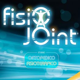 Logo con testo "fisioJoint" e "Studio Ortopedico Fisioterapico" su sfondo blu sfumato.